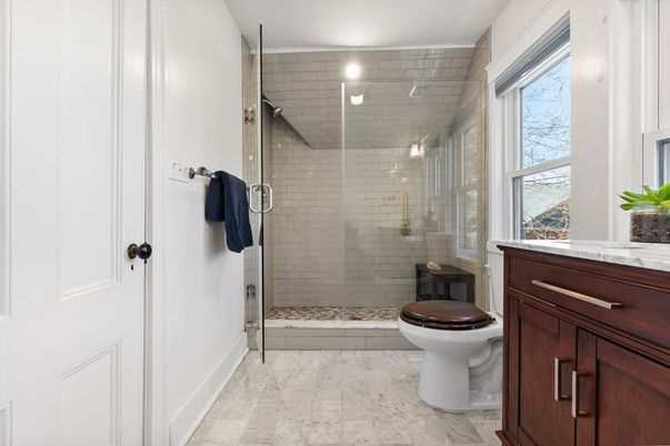 Bathroom, Glass Shower, Interior, Marble, Recessed Lighting
