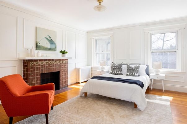 Bedroom, Fireplace, Interior, Wood Texture Flooring