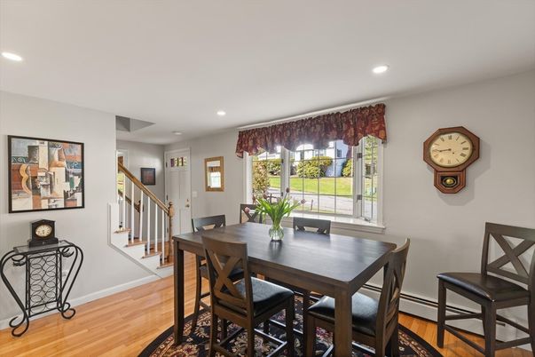 Dining room, Interior, Recessed Lighting, Wood Texture Flooring