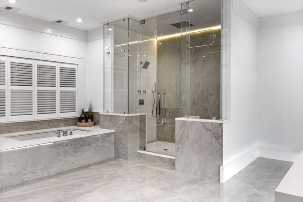 Bathroom, Glass Shower, Interior, Marble Walls, Recessed Lighting