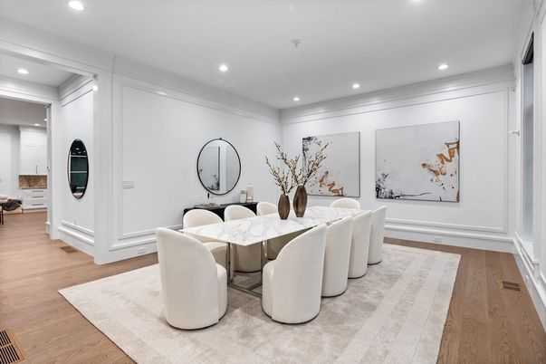 Dining room, Interior, Recessed Lighting, Wood Texture Flooring