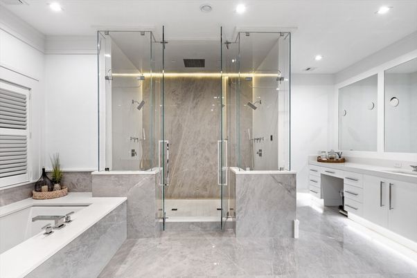 Bathroom, Dual Sink Vanities, Glass Shower, Interior, Recessed Lighting