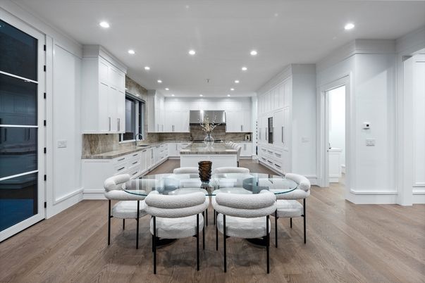 Dining room, Interior, Kitchen, Recessed Lighting, Stainless Steel Appliances, Wood Texture Flooring