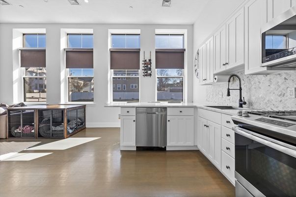Interior, Kitchen, Recessed Lighting, Stainless Steel Appliances, Wood Texture Flooring