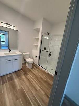 Bathroom, Glass Shower, Interior, Wood Texture Flooring