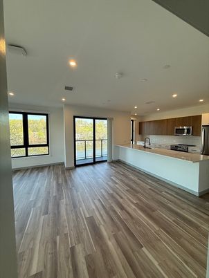 Empty room, Interior, Kitchen, Recessed Lighting, Stainless Steel Appliances, Wood Texture Flooring