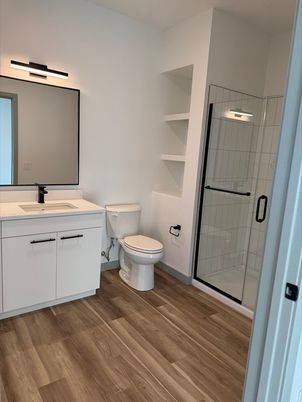 Bathroom, Glass Shower, Interior, Wood Texture Flooring