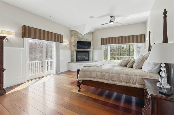 Bedroom, Fireplace, Interior, Stone Walls, Wood Texture Flooring