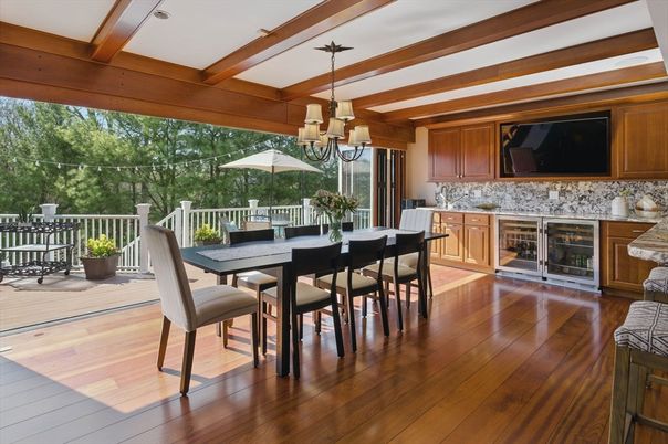 Chandelier, Dining room, Interior, Wooden Beams, Wood Texture Flooring
