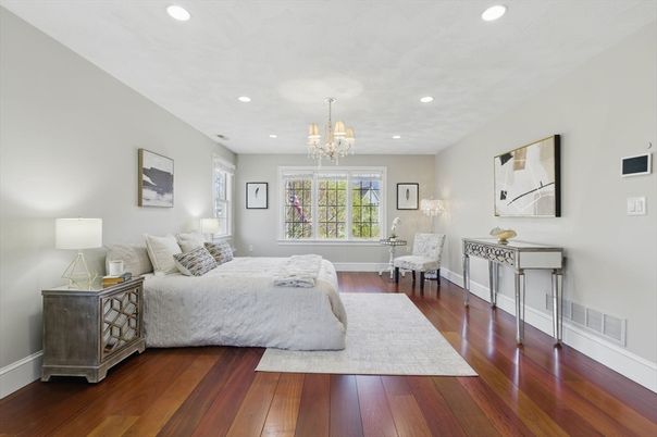Bedroom, Chandelier, Interior, Recessed Lighting, Wood Texture Flooring