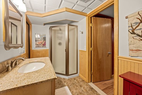 Bathroom, Glass Shower, Interior, Wood Texture Flooring