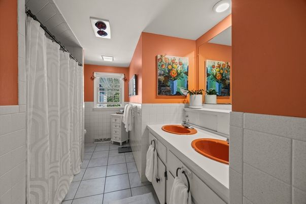 Bathroom, Dual Sink Vanities, Interior, Recessed Lighting, Tile Countertops