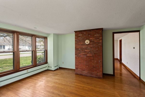 Empty room, Fireplace, Interior, Stone Walls, Wood Texture Flooring
