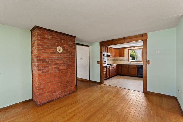 Empty room, Interior, Kitchen, Stone Walls, Wood Texture Flooring