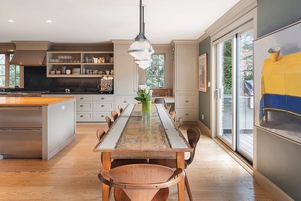 Dining room, Interior, Kitchen, Pendant Lights, Recessed Lighting, Wood Texture Flooring