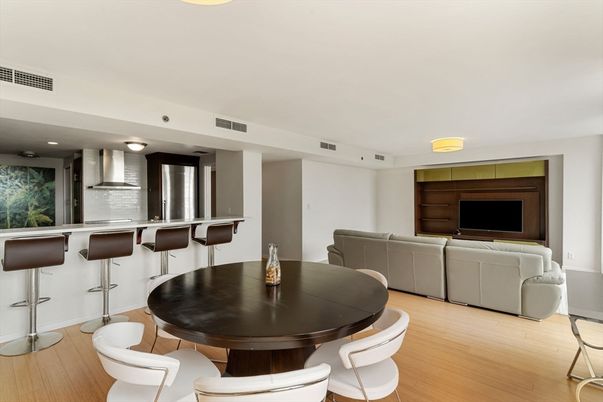 Dining room, Interior, Kitchen, Living room, Recessed Lighting, Stainless Steel Appliances, Wood Texture Flooring