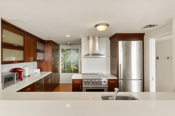 Interior, Kitchen, Recessed Lighting, Stainless Steel Appliances, Wood Texture Flooring