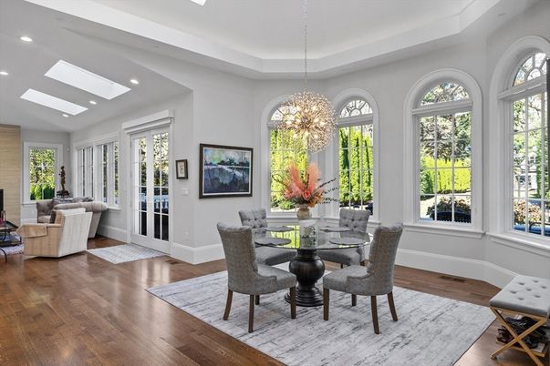 Chandelier, Dining room, Interior, Living room, Pendant Lights, Recessed Lighting, Wood Texture Flooring