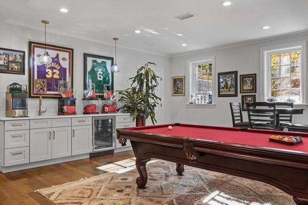 Billiard Table, Game Room, Interior, Pendant Lights, Recessed Lighting, Wood Texture Flooring