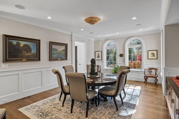 Dining room, Interior, Recessed Lighting, Wood Texture Flooring