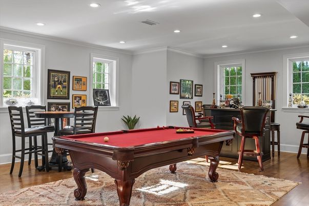 Billiard Table, Game Room, Interior, Recessed Lighting, Wood Texture Flooring