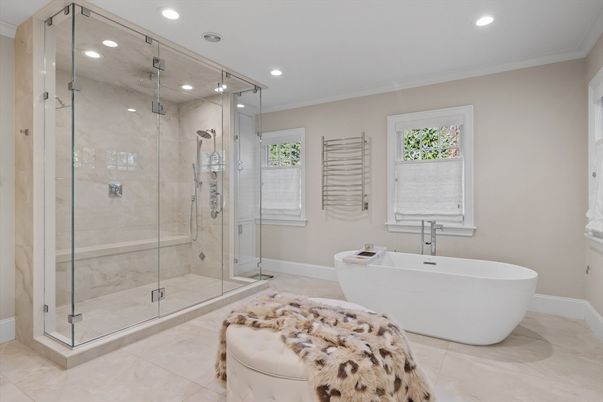 Bathroom, Free Standing Baths, Glass Shower, Interior, Marble Walls, Recessed Lighting
