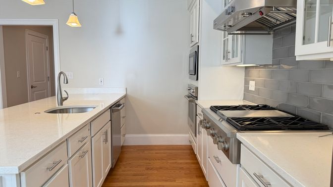 Interior, Kitchen, Pendant Lights, Stainless Steel Appliances, Wood Texture Flooring