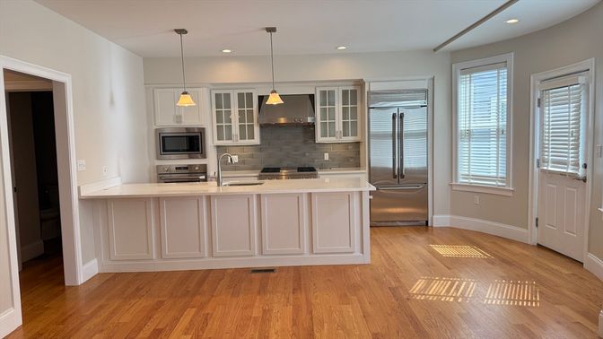 Interior, Kitchen, Pendant Lights, Recessed Lighting, Stainless Steel Appliances, Wood Texture Flooring