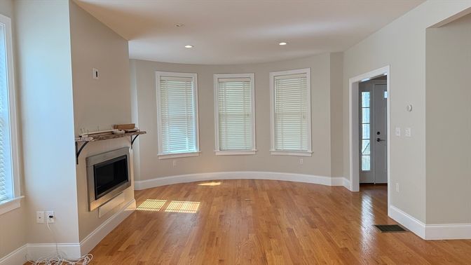Empty room, Fireplace, Interior, Recessed Lighting, Wood Texture Flooring