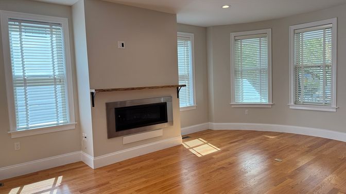 Empty room, Fireplace, Interior, Recessed Lighting, Wood Texture Flooring