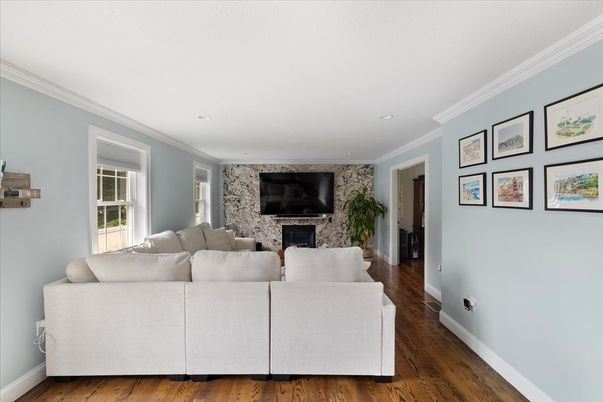 Fireplace, Interior, Living room, Recessed Lighting, Wood Texture Flooring