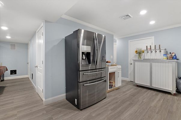 Interior, Kitchen, Recessed Lighting, Stainless Steel Appliances, Wood Texture Flooring