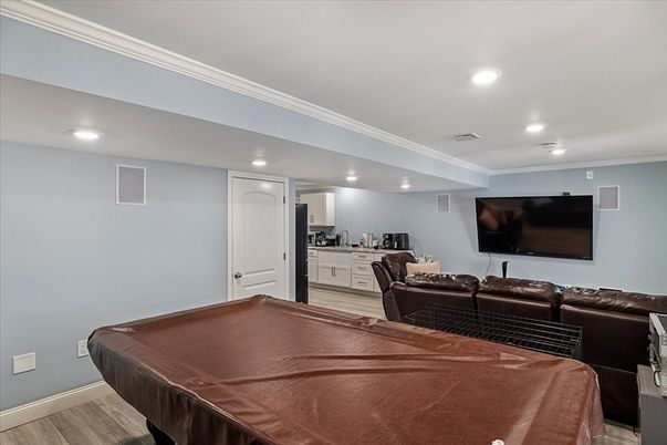 Billiard Table, Game Room, Interior, Living room, Recessed Lighting, Wood Texture Flooring