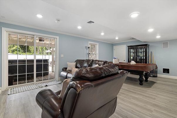 Billiard Table, Game Room, Interior, Living room, Recessed Lighting, Wood Texture Flooring