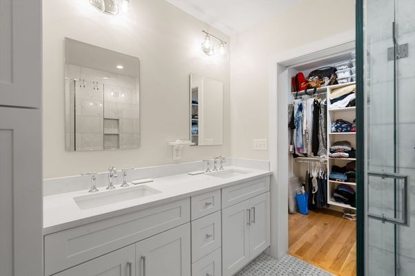Bathroom, Dual Sink Vanities, Glass Shower, Interior, Walk-in Closets, Wood Texture Flooring