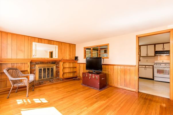 Fireplace, Interior, Kitchen, Wood Texture Flooring, Wooden Walls
