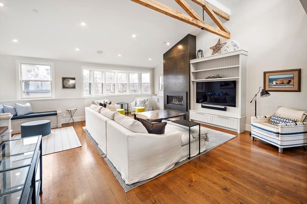 Fireplace, Interior, Living room, Recessed Lighting, Wooden Beams, Wood Texture Flooring