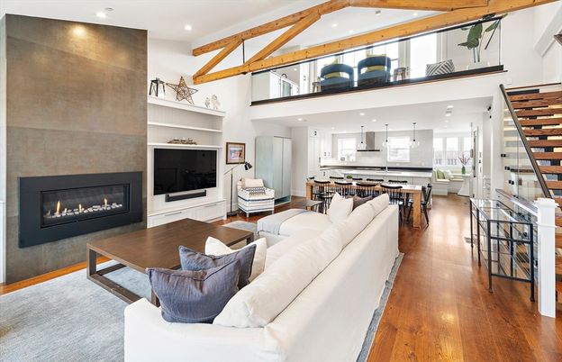 Dining room, Fireplace, Interior, Kitchen, Living room, Pendant Lights, Recessed Lighting, Wooden Beams, Wood Texture Flooring