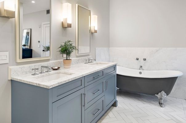 Bathroom, Dual Sink Vanities, Free Standing Baths, Interior, Marble, Recessed Lighting