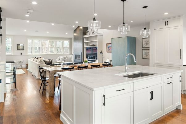 Dining room, Interior, Kitchen, Living room, Pendant Lights, Recessed Lighting, Stainless Steel Appliances, Wood Texture Flooring