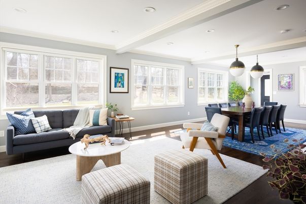 Dining room, Interior, Living room, Pendant Lights, Recessed Lighting, Wood Texture Flooring
