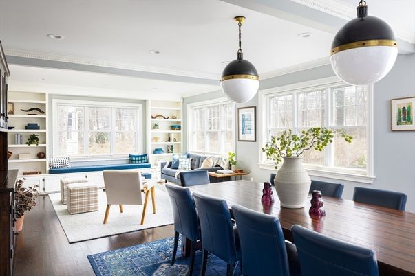 Dining room, Interior, Living room, Pendant Lights, Recessed Lighting, Wood Texture Flooring
