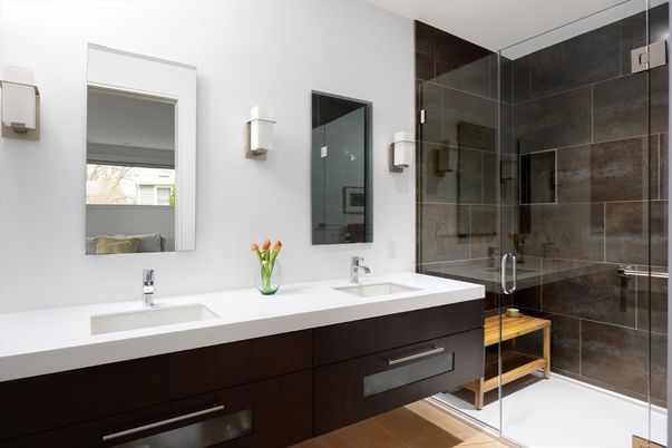 Bathroom, Dual Sink Vanities, Glass Shower, Interior, Wood Texture Flooring