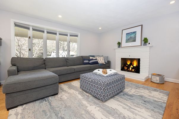 Fireplace, Interior, Living room, Recessed Lighting, Wood Texture Flooring