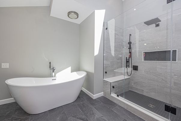 Bathroom, Free Standing Baths, Glass Shower, Interior, Recessed Lighting