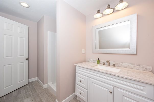 Bathroom, Interior, Recessed Lighting, Wood Texture Flooring