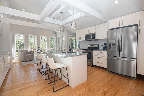 Interior, Kitchen, Living room, Pendant Lights, Recessed Lighting, Stainless Steel Appliances, Wood Texture Flooring
