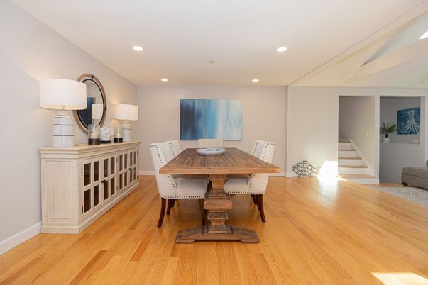 Dining room, Interior, Recessed Lighting, Wood Texture Flooring