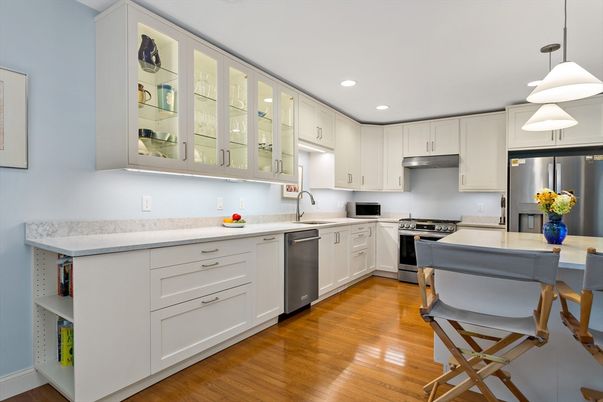 Interior, Kitchen, Pendant Lights, Recessed Lighting, Stainless Steel Appliances, Wood Texture Flooring