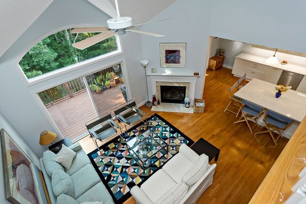 Dining room, Fireplace, Interior, Kitchen, Living room, Pendant Lights, Wood Texture Flooring